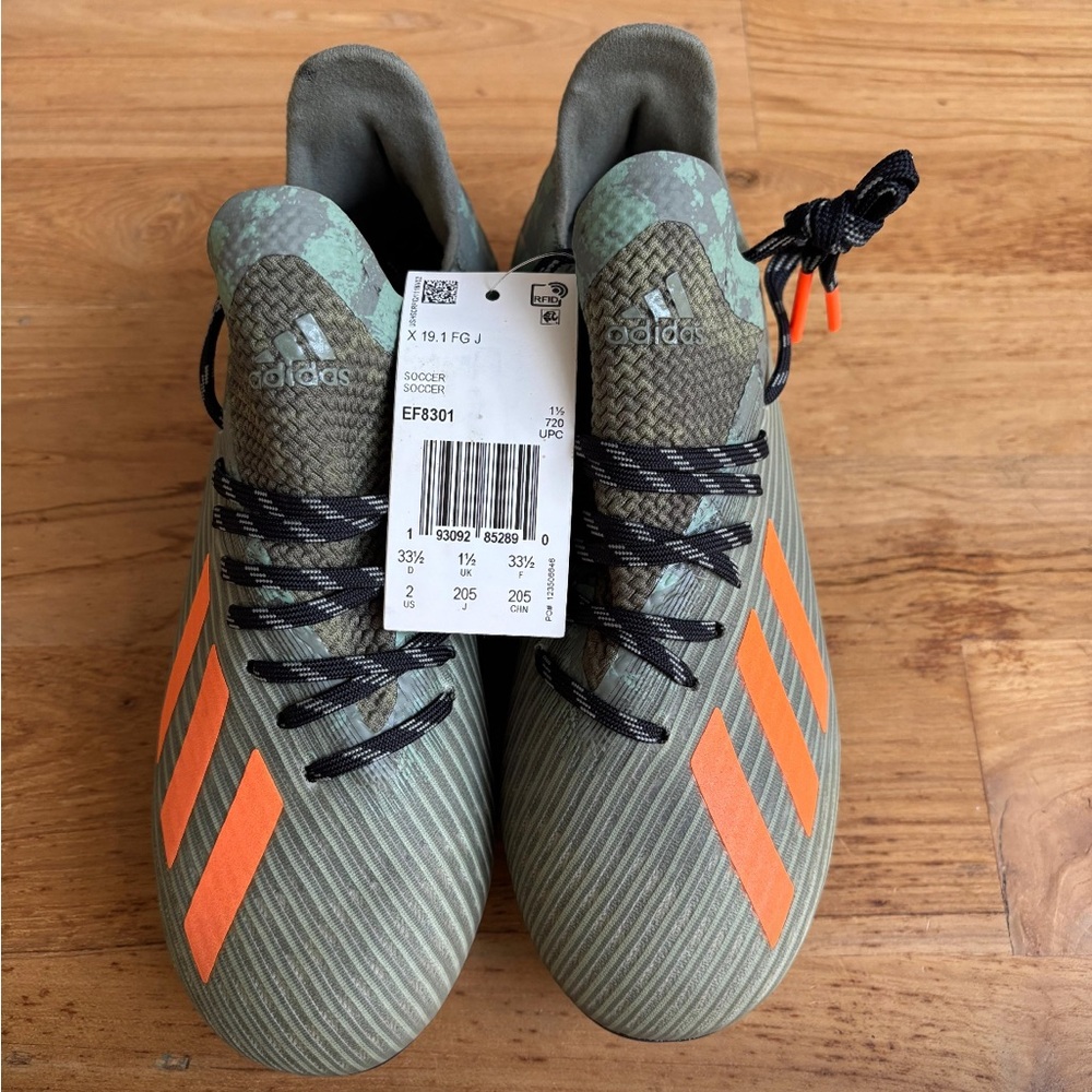 adidas Olive Green Soccer Cleats with Bright Orange Stripes